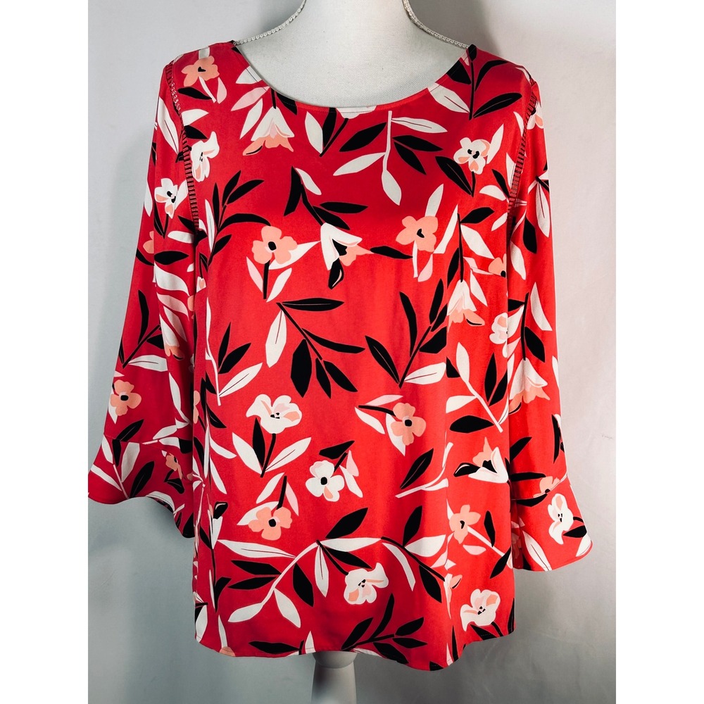 Talbots Red Floral Bell Sleeve Blouse Womens Medium Scoop Neck Ladder Stitch Top